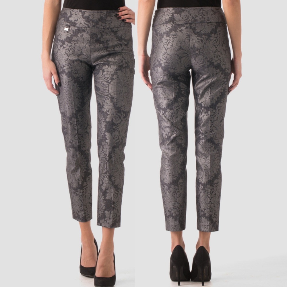 Joseph Ribkoff Canada Grey Floral Trousers Womens Size 12 Jacquard Pants 163796